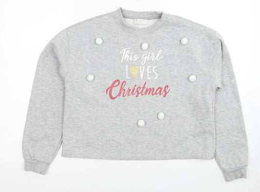 Lipsy Girls Grey Cotton Pullover Sweatshirt Size 13-14 Years Pullover - Christmas Pom Pom Detail