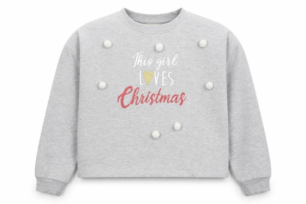 Lipsy Girls Grey Cotton Pullover Sweatshirt Size 13-14 Years Pullover - Christmas Pom Pom Detail