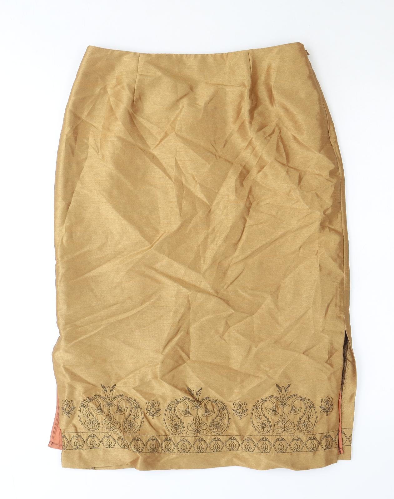 Preworn Womens Gold Polyester Straight & Pencil Skirt Size 12 Zip