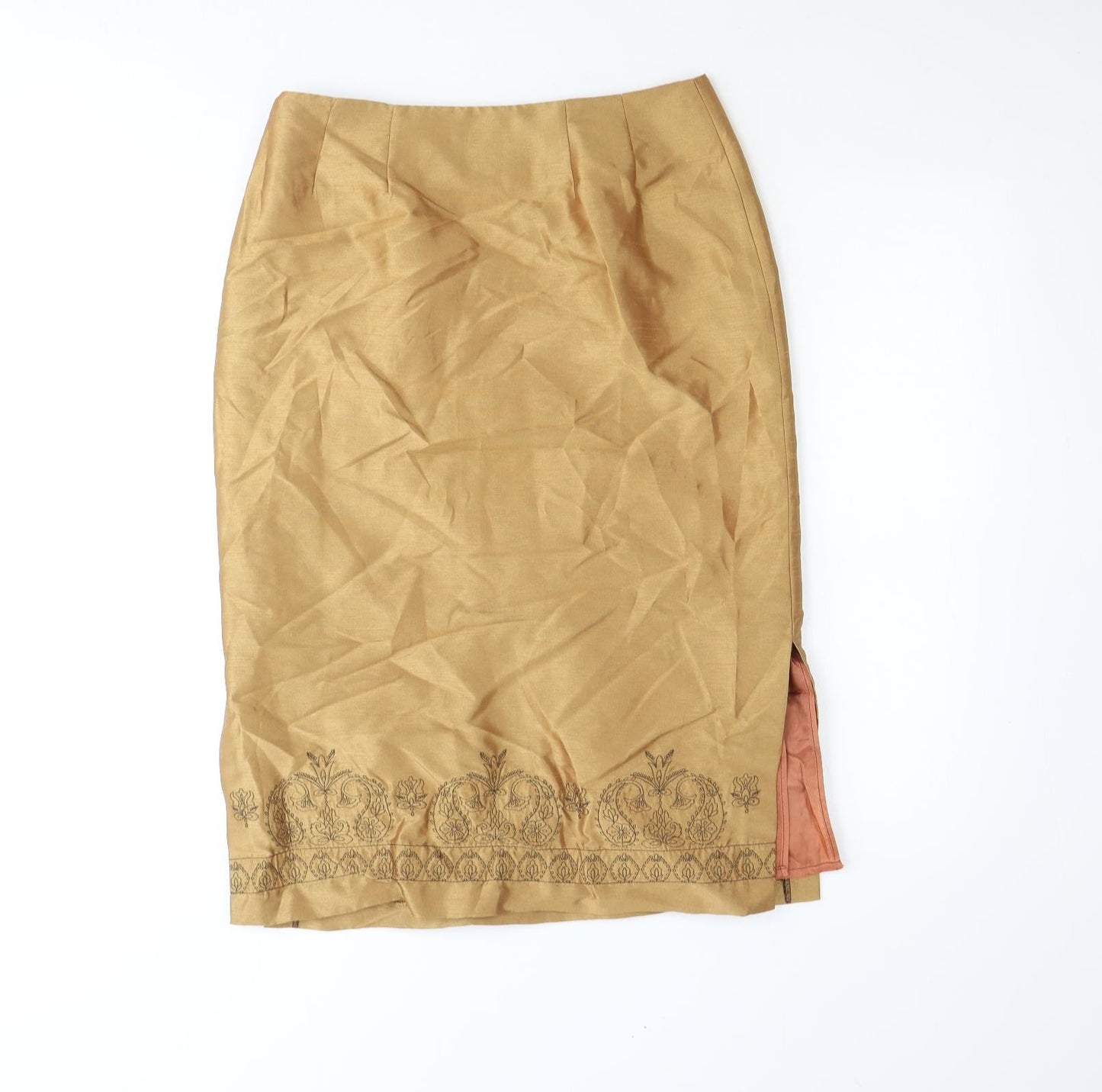 Preworn Womens Gold Polyester Straight & Pencil Skirt Size 12 Zip