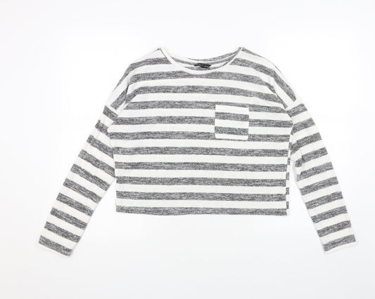 Candy Couture Womens Grey Round Neck Striped Polyester Pullover Jumper Size 14
