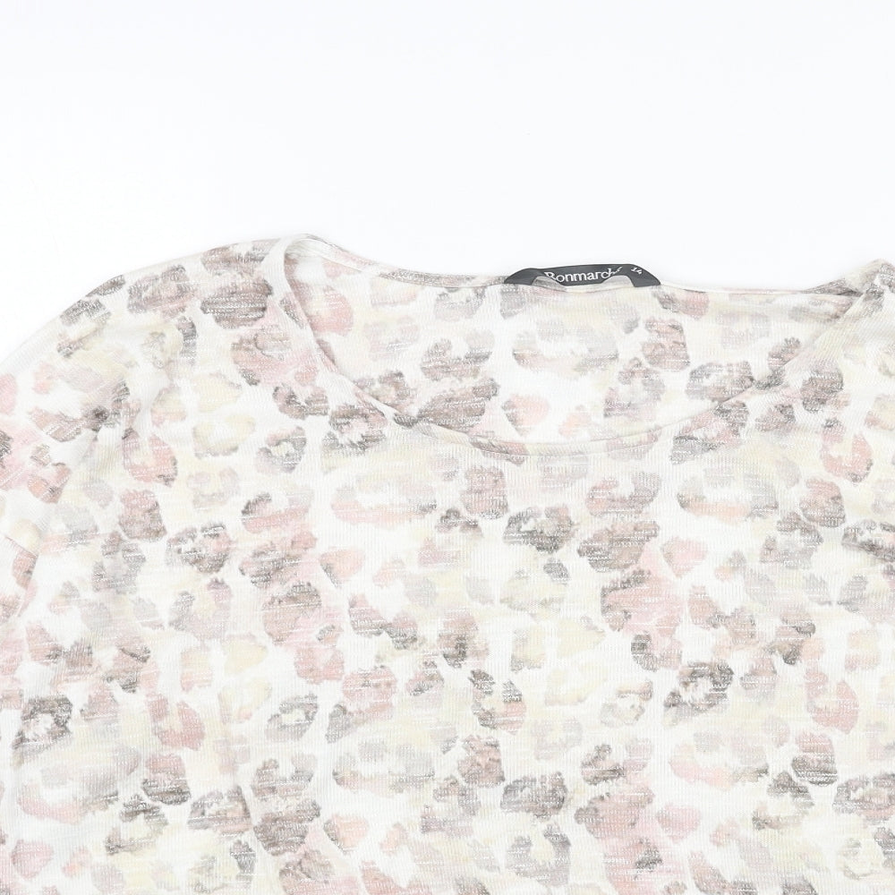 Bonmarché Womens White Scoop Neck Animal Print Acrylic Pullover Jumper Size 14 - Leopard print
