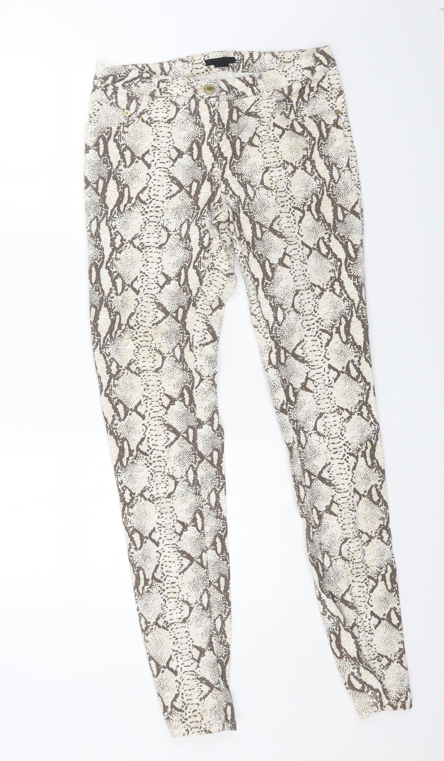 H&M Womens Beige Animal Print Cotton Skinny Jeans Size 10 L32 in Regular Button - Snake Print