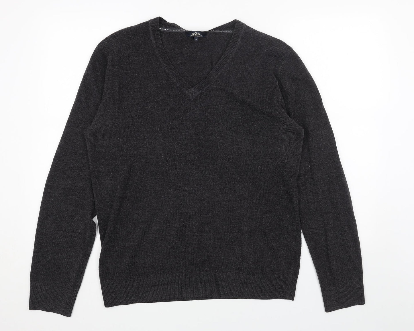 Easy Mens Grey V-Neck Acrylic Pullover Jumper Size M Long Sleeve