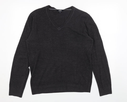 Easy Mens Grey V-Neck Acrylic Pullover Jumper Size M Long Sleeve