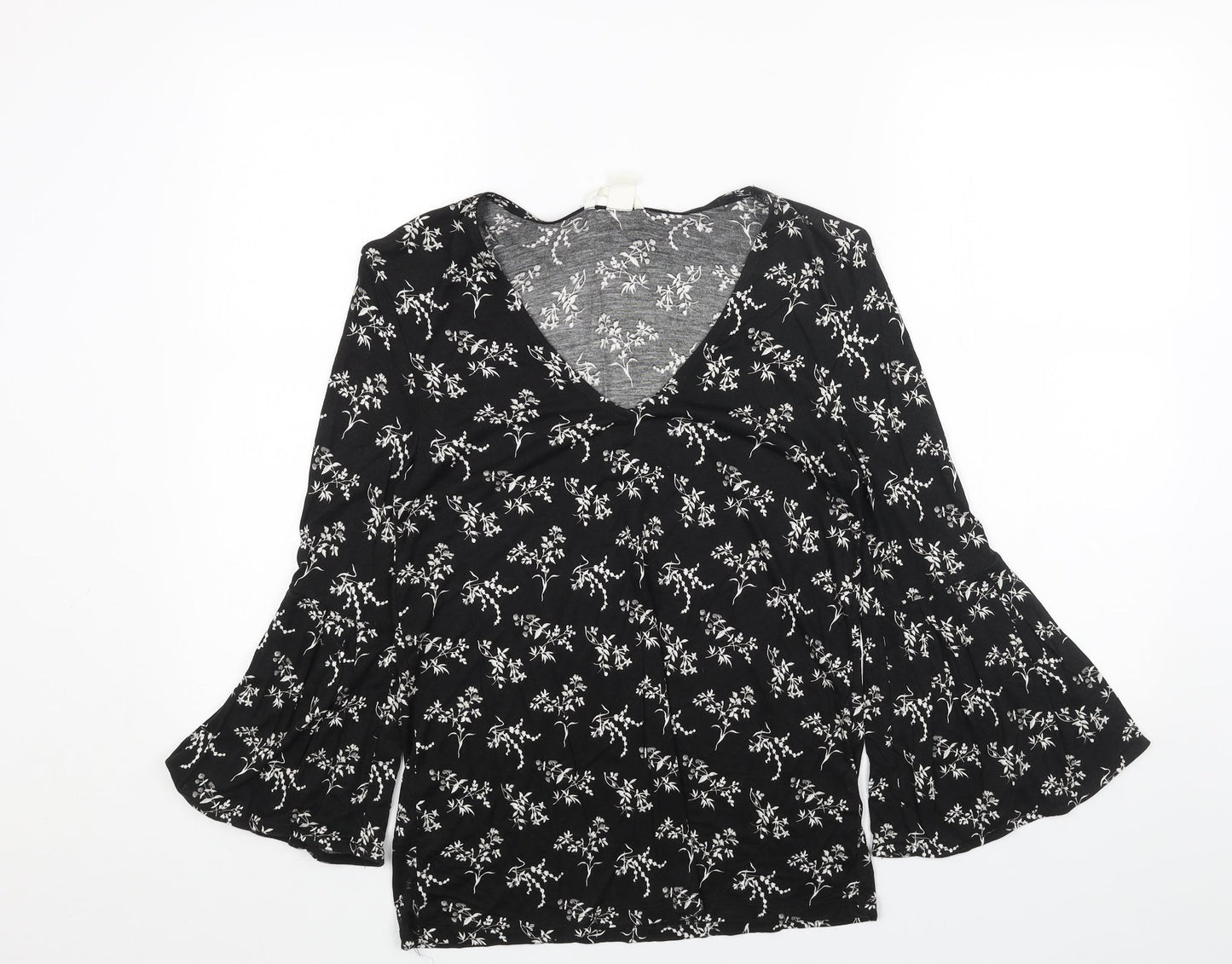 H&M Womens Black Floral Cotton Basic Blouse Size XS V-Neck - Flute Sleeve