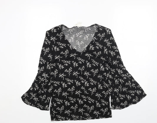 H&M Womens Black Floral Cotton Basic Blouse Size XS V-Neck - Flute Sleeve