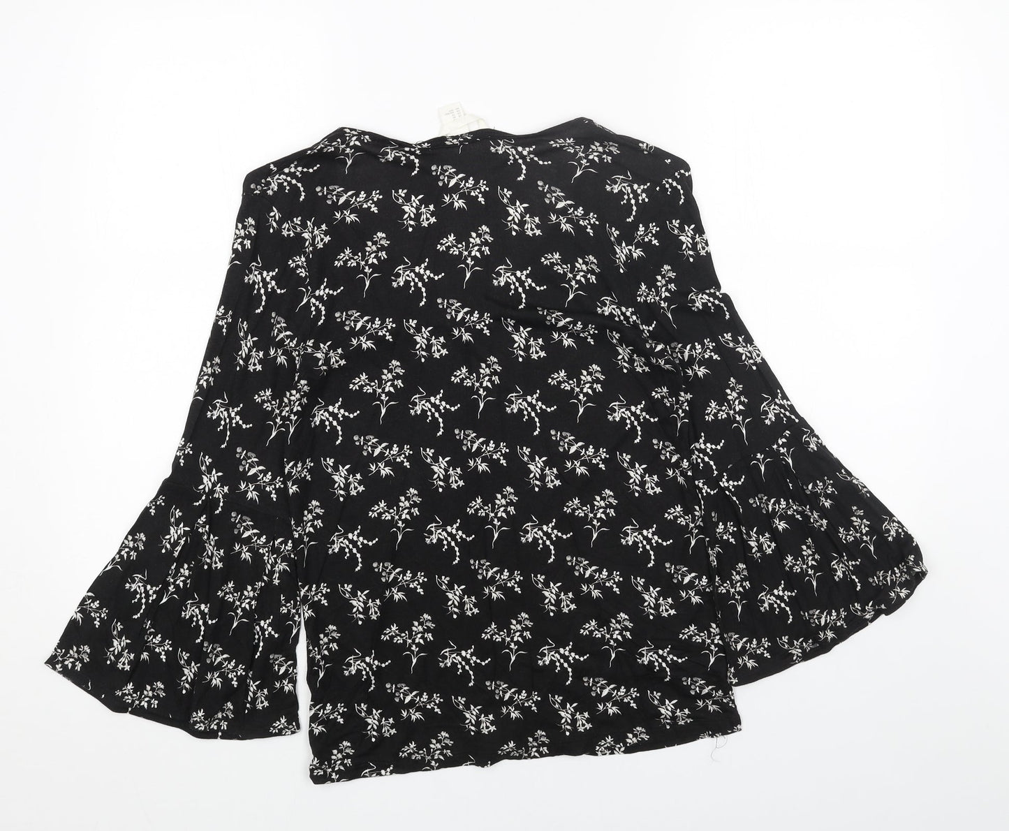 H&M Womens Black Floral Cotton Basic Blouse Size XS V-Neck - Flute Sleeve