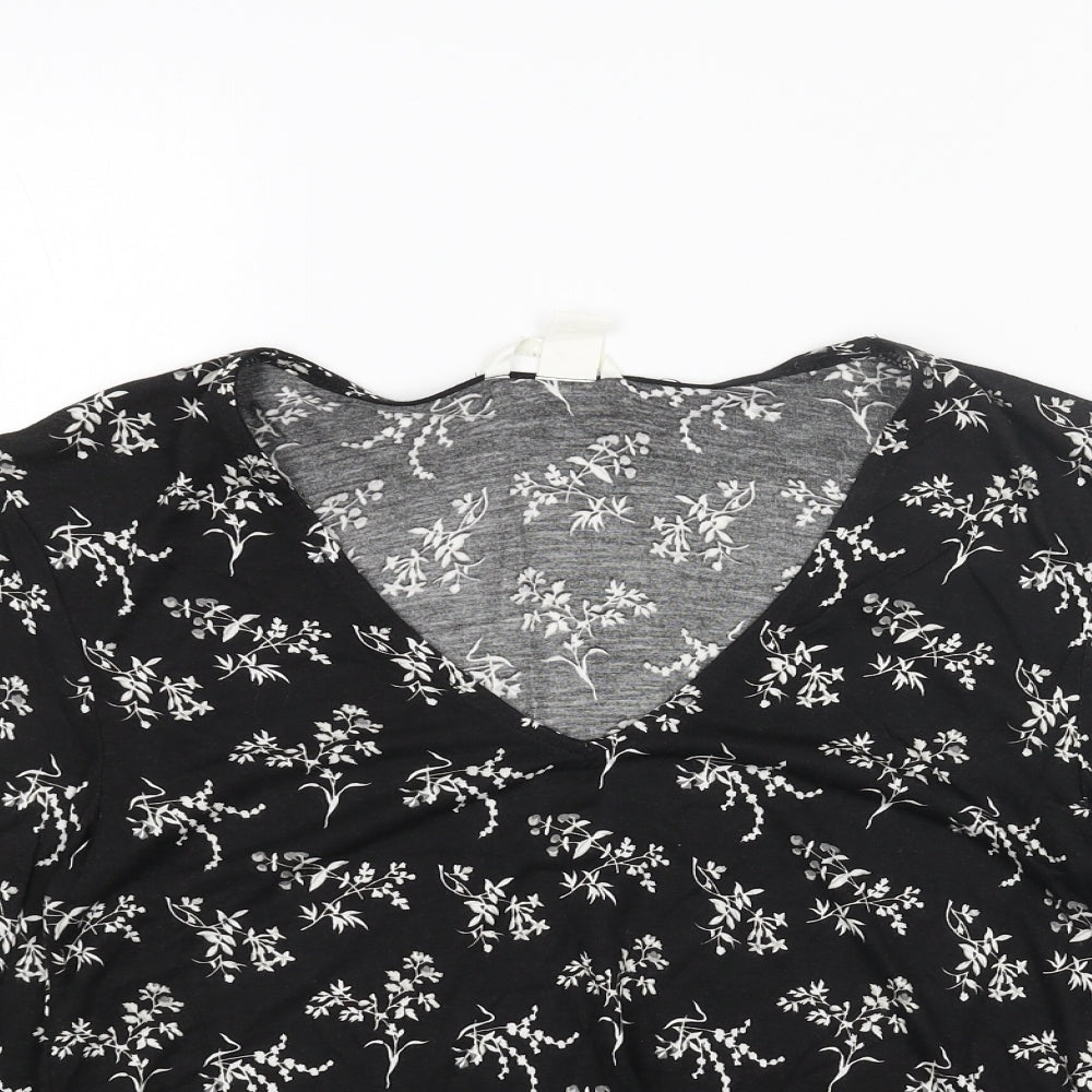 H&M Womens Black Floral Cotton Basic Blouse Size XS V-Neck - Flute Sleeve