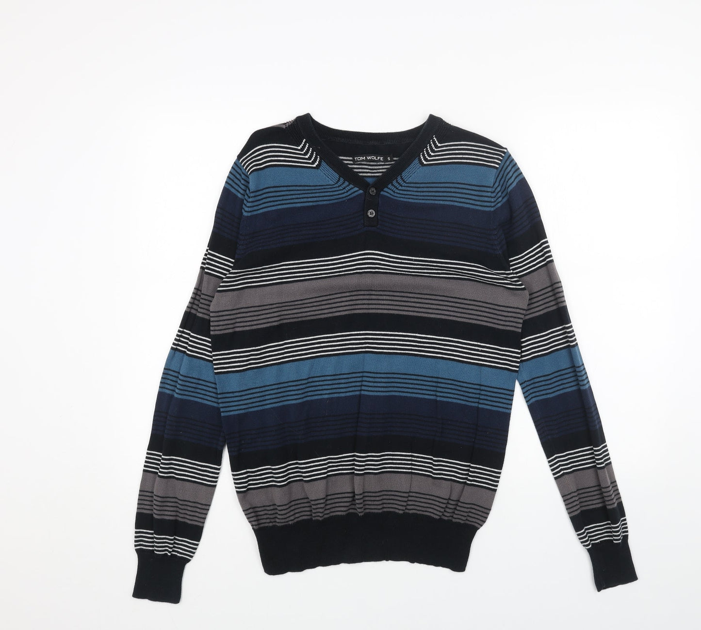 Tom Wolfe Womens Blue V-Neck Striped Acrylic Pullover Jumper Size S