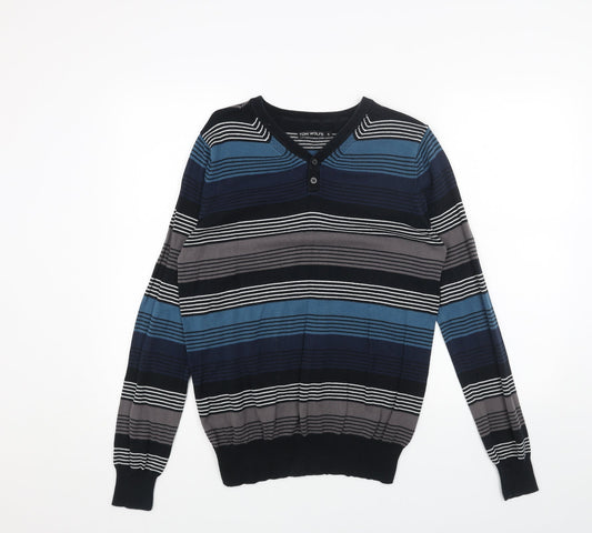 Tom Wolfe Womens Blue V-Neck Striped Acrylic Pullover Jumper Size S