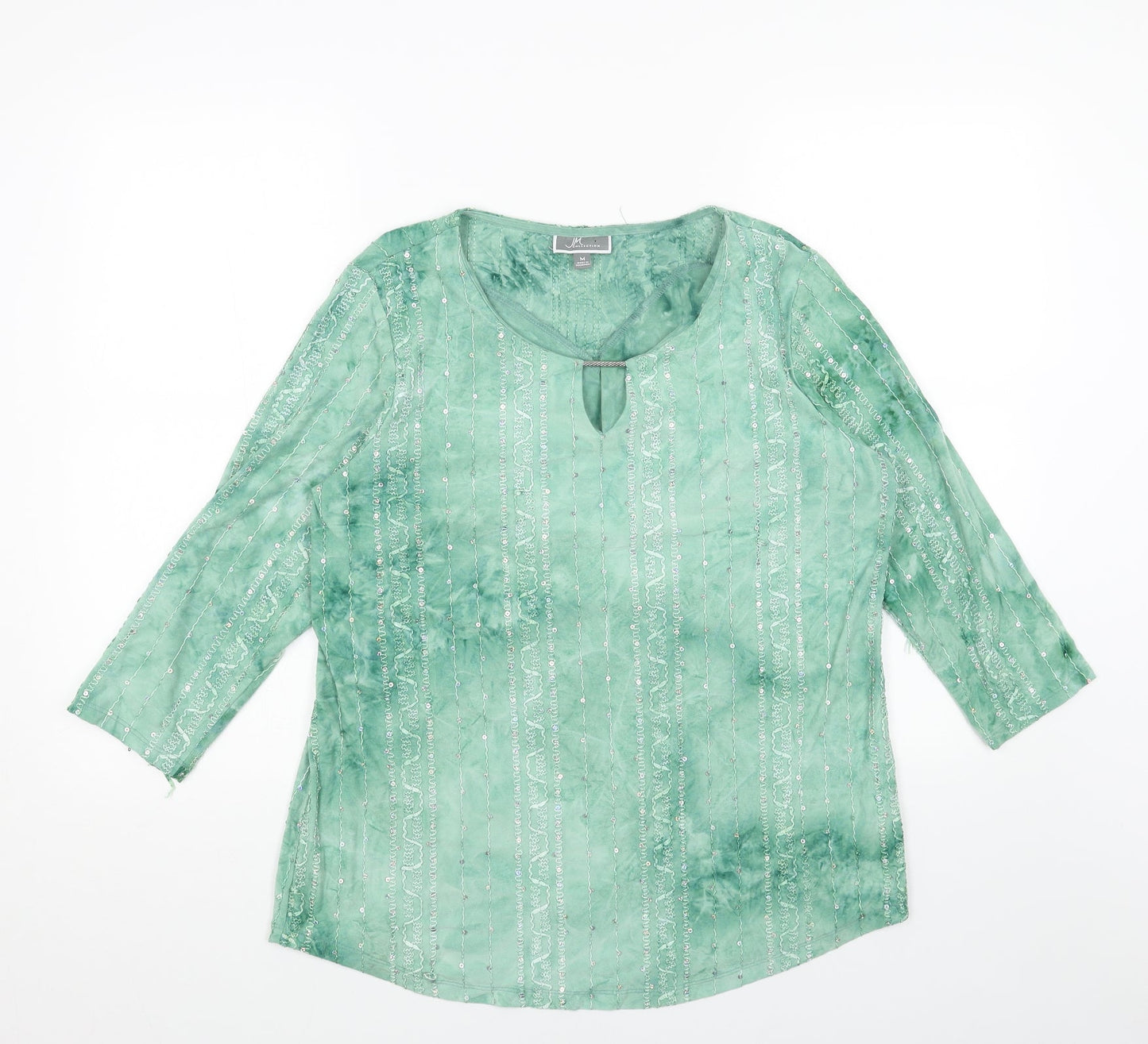 JM Collection Womens Green Geometric Cotton Basic Blouse Size M Round Neck