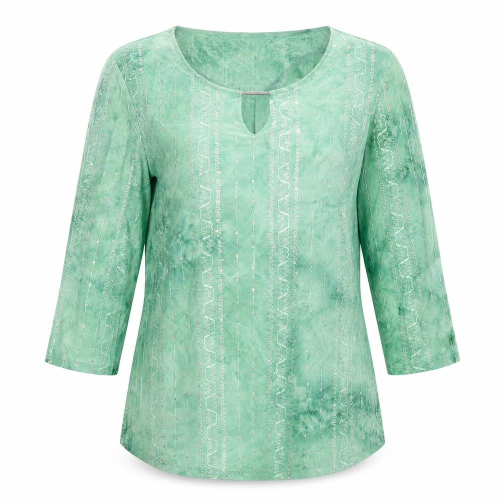 JM Collection Womens Green Geometric Cotton Basic Blouse Size M Round Neck