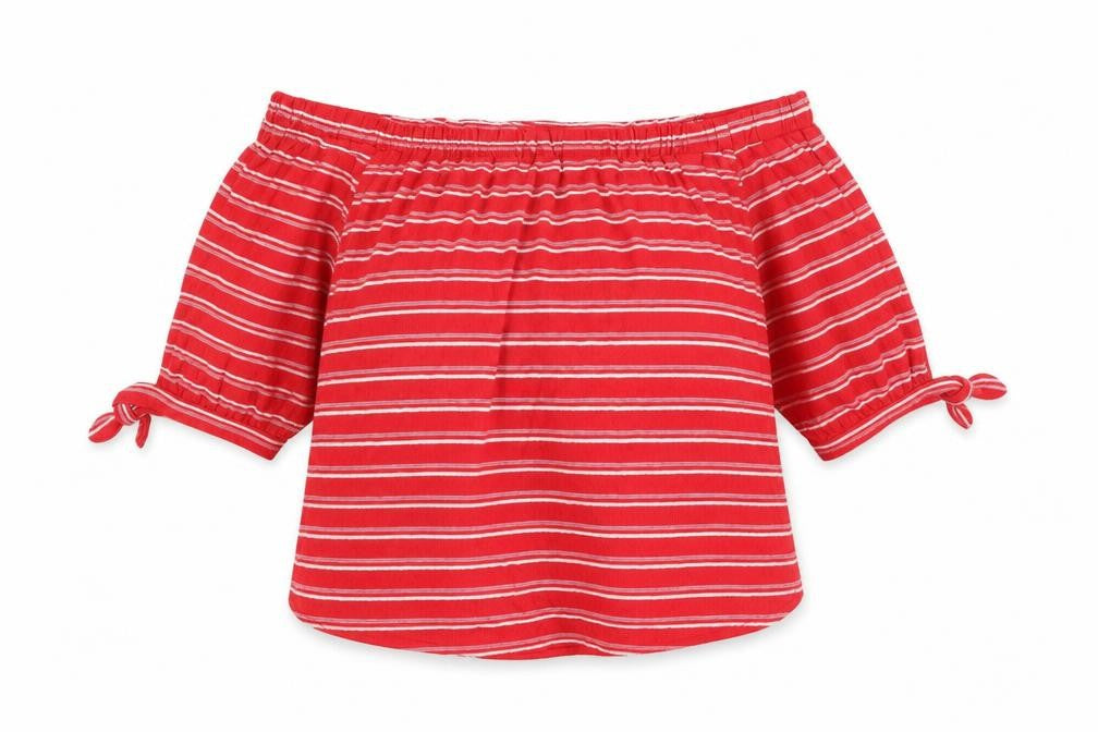 Papaya Womens Red Striped Polyester Basic Blouse Size 16 Off the Shoulder