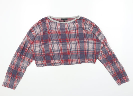 Topshop Womens Red Boat Neck Plaid Acrylic Pullover Jumper Size 10 - Cropped