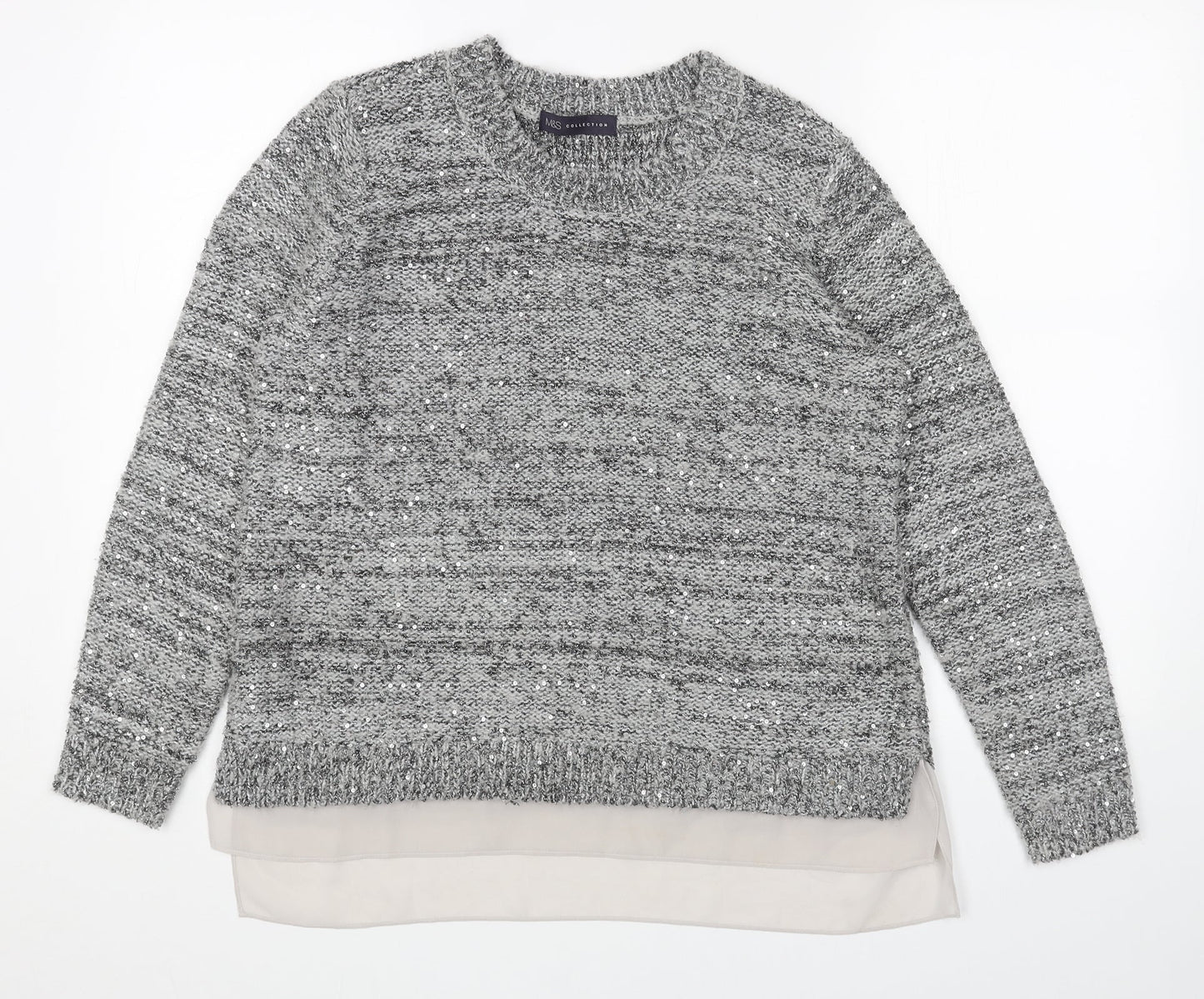 Marks and Spencer Womens Grey Scoop Neck Acrylic Pullover Jumper Size 12 - Chiffon Hem