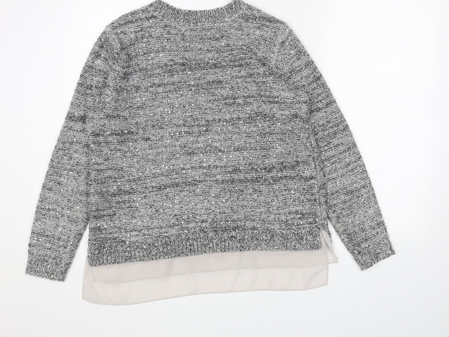 Marks and Spencer Womens Grey Scoop Neck Acrylic Pullover Jumper Size 12 - Chiffon Hem