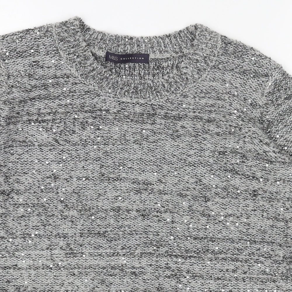 Marks and Spencer Womens Grey Scoop Neck Acrylic Pullover Jumper Size 12 - Chiffon Hem