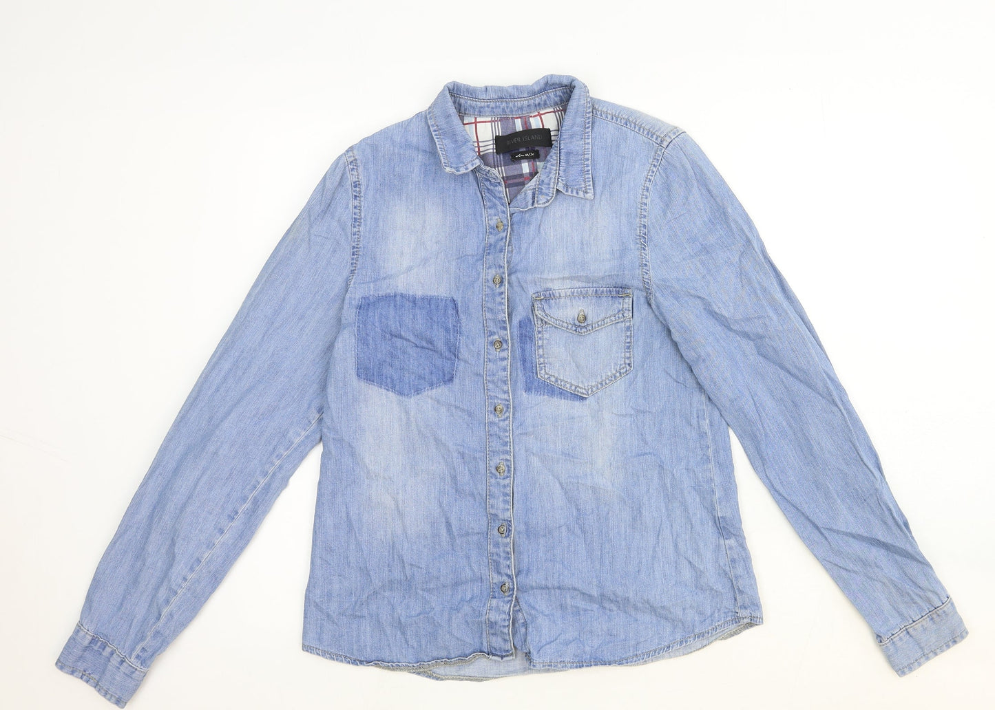 River Island Womens Blue Cotton Basic Button-Up Size 10 Collared