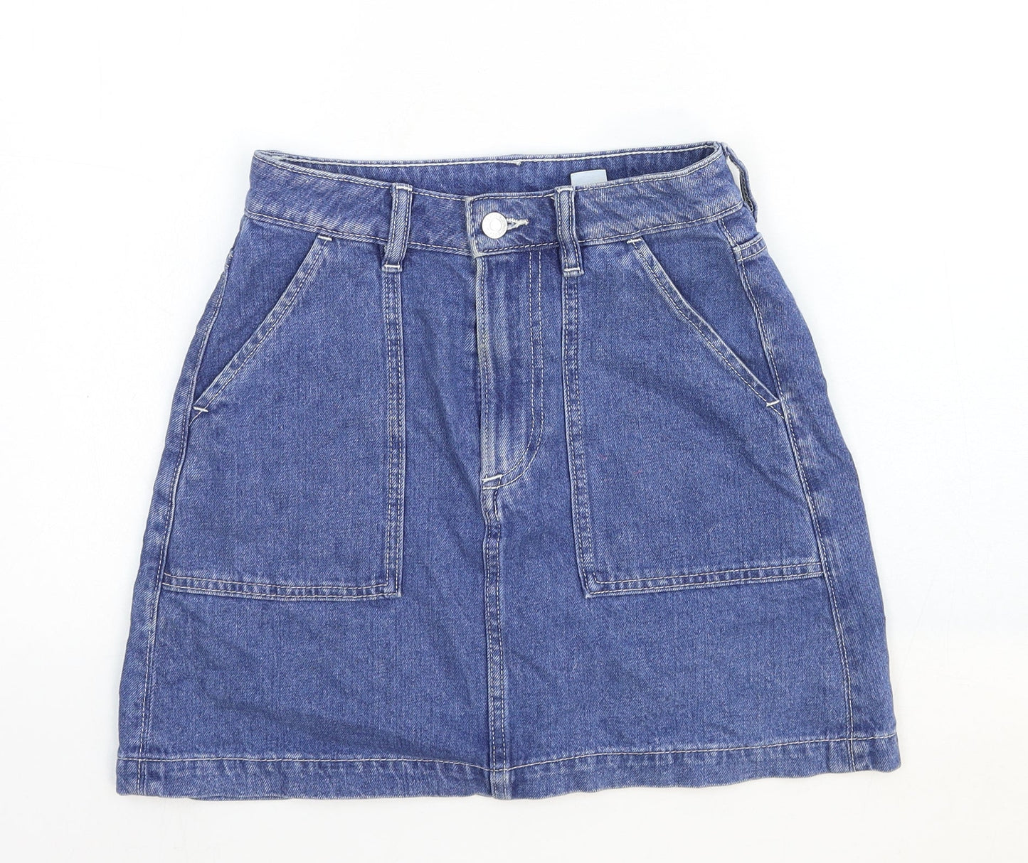 &Denim Womens Blue Cotton A-Line Skirt Size 6 Zip