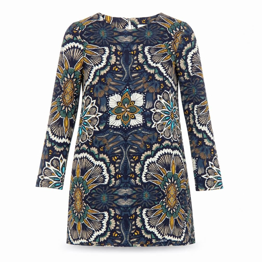 H&M Womens Multicoloured Geometric Viscose A-Line Size 12 Crew Neck Button