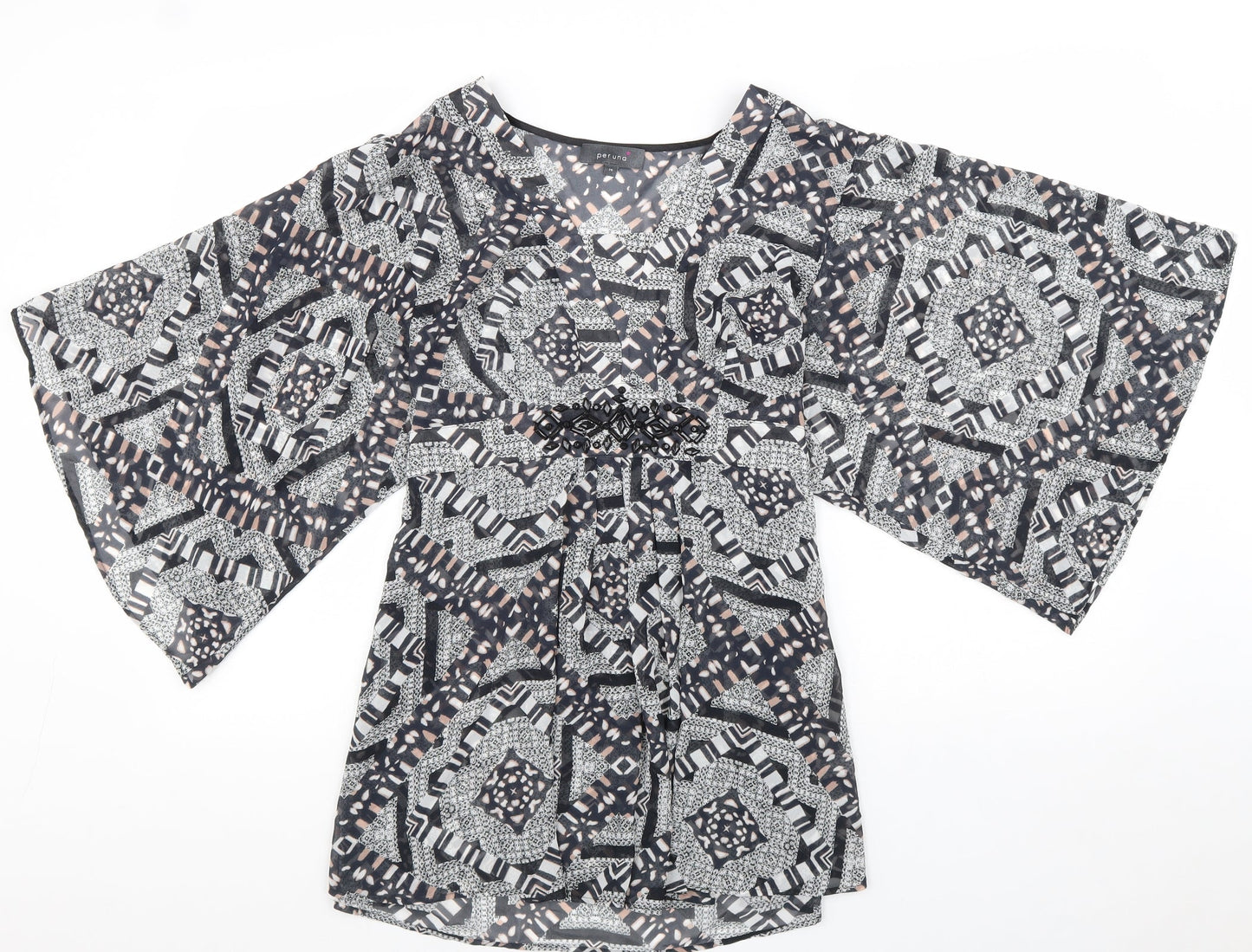 Per Una Womens Black Geometric Polyester Tunic Blouse Size 14 V-Neck - Flute Sleeve