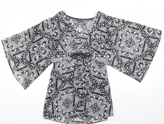 Per Una Womens Black Geometric Polyester Tunic Blouse Size 14 V-Neck - Flute Sleeve