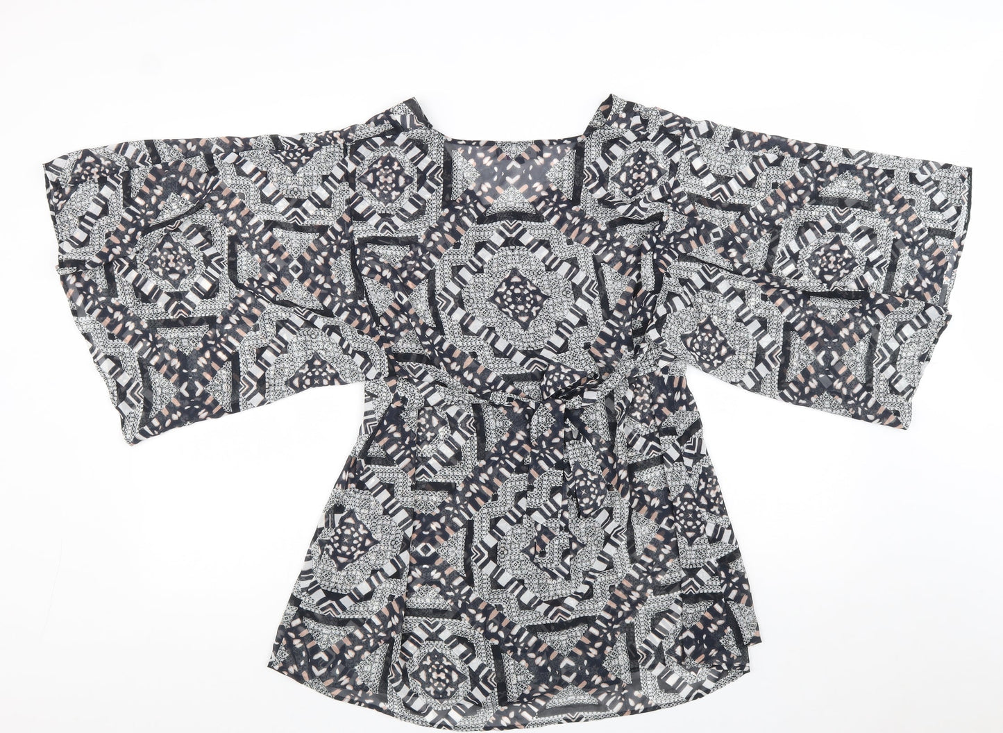 Per Una Womens Black Geometric Polyester Tunic Blouse Size 14 V-Neck - Flute Sleeve