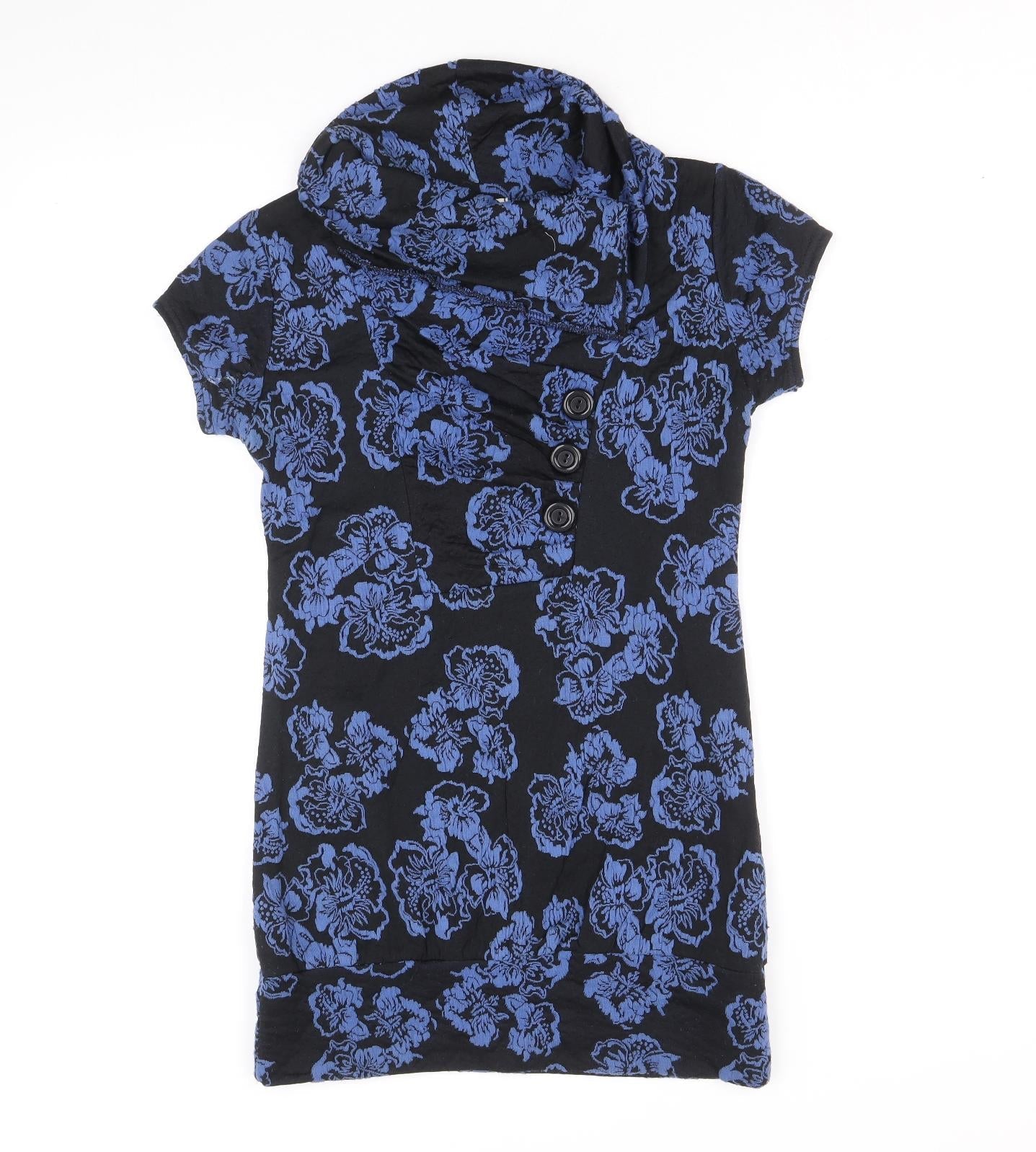 Preworn Womens Blue Floral Polyester Basic Blouse Size M Round Neck