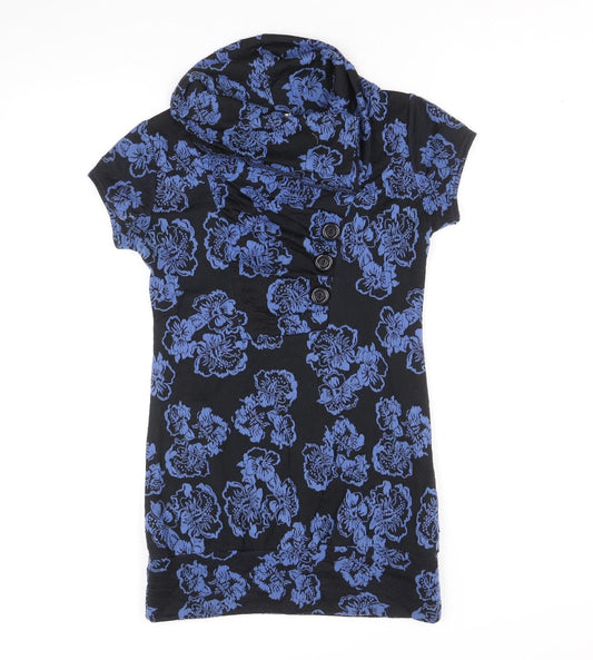 Preworn Womens Blue Floral Polyester Basic Blouse Size M Round Neck
