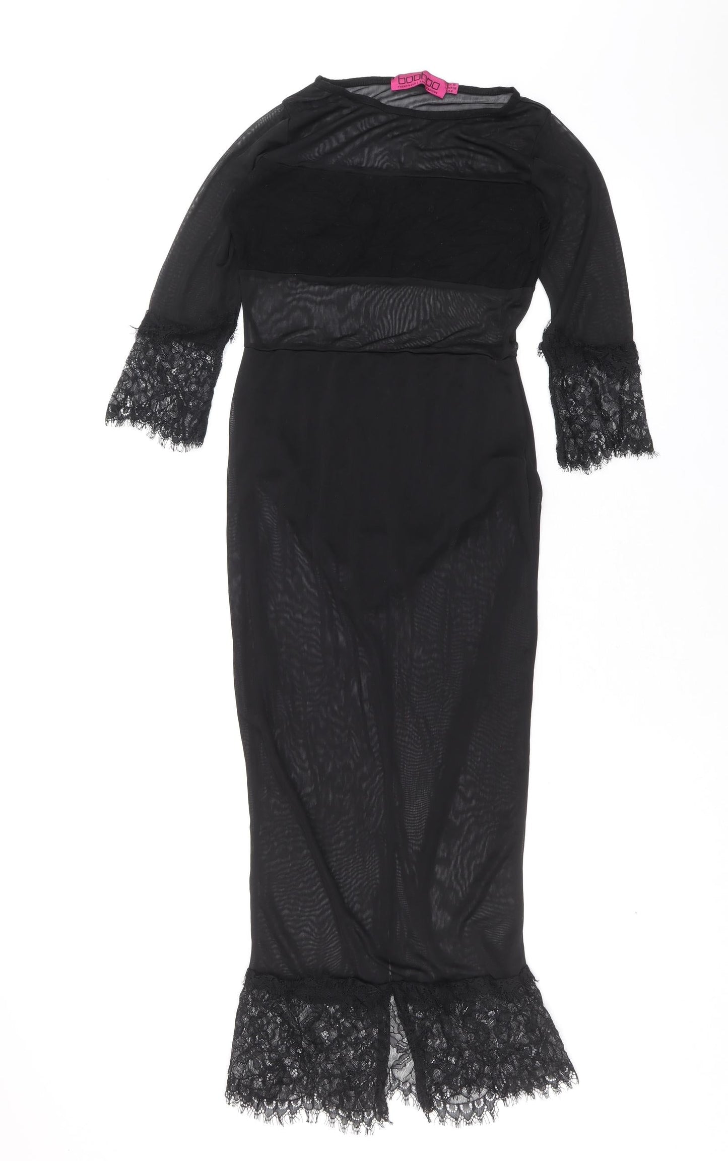 Boohoo Womens Black Polyester Bodycon Size 10 Boat Neck Pullover - Lace Trim