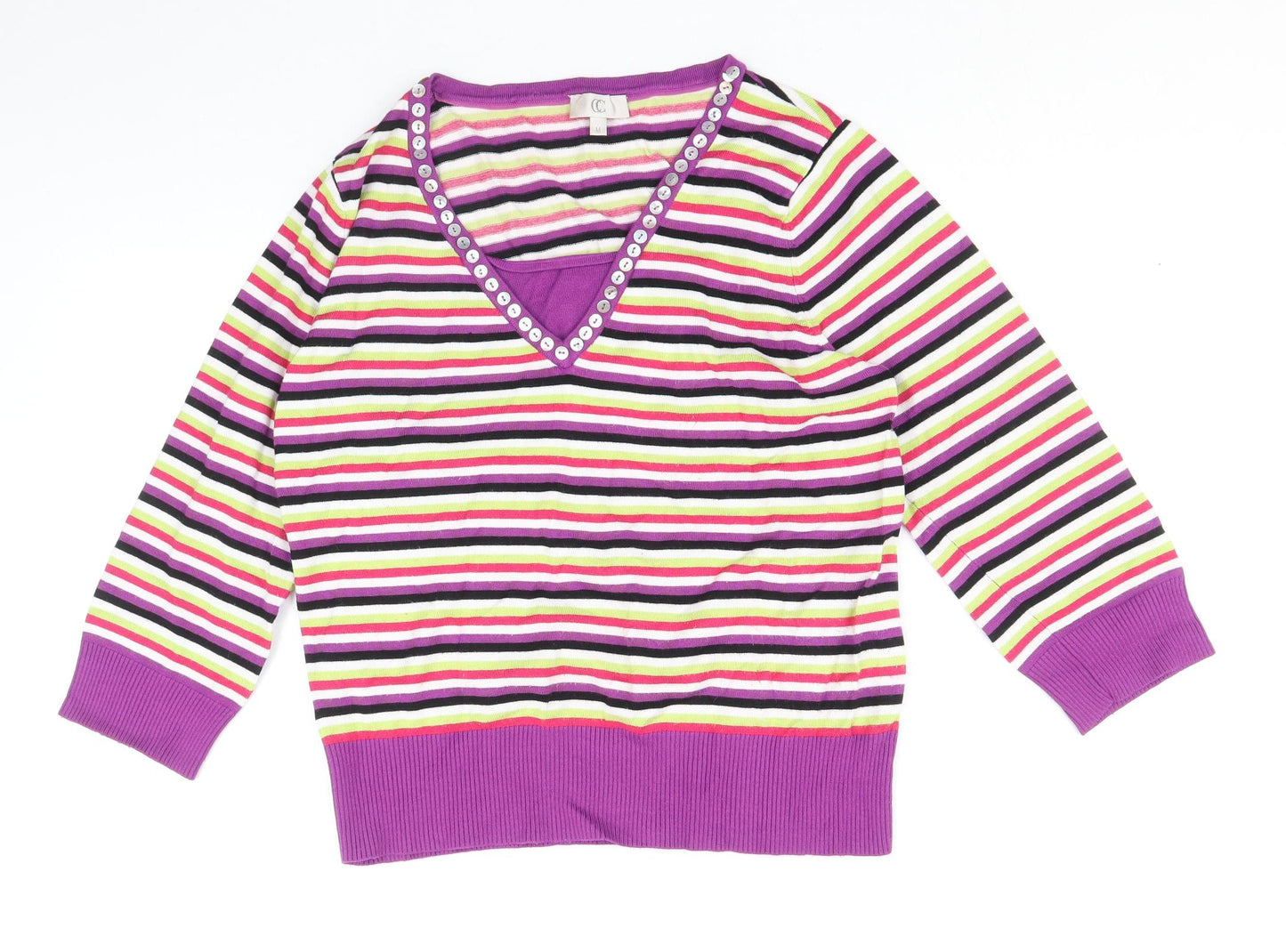 CC Womens Multicoloured V-Neck Striped Viscose Pullover Jumper Size M