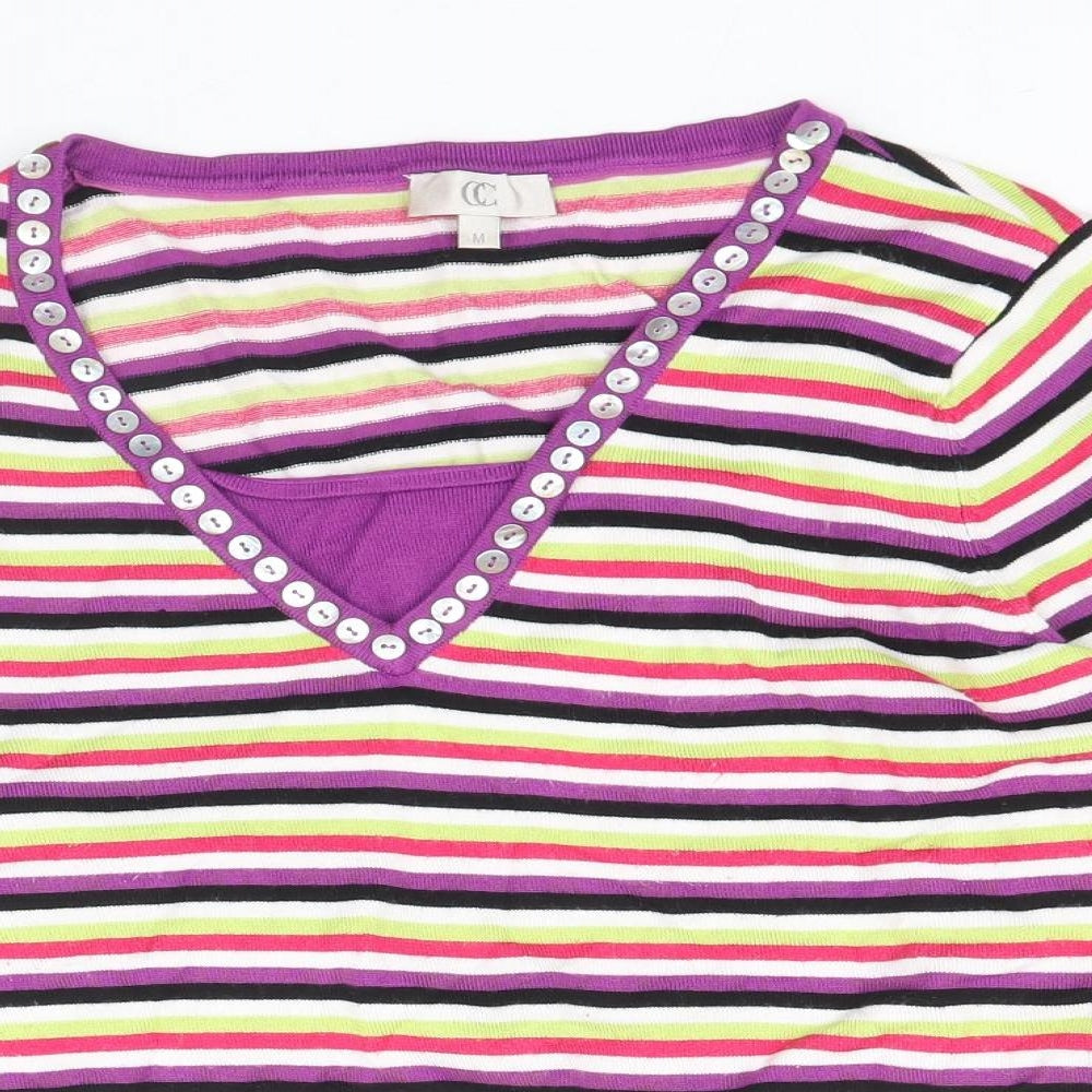 CC Womens Multicoloured V-Neck Striped Viscose Pullover Jumper Size M