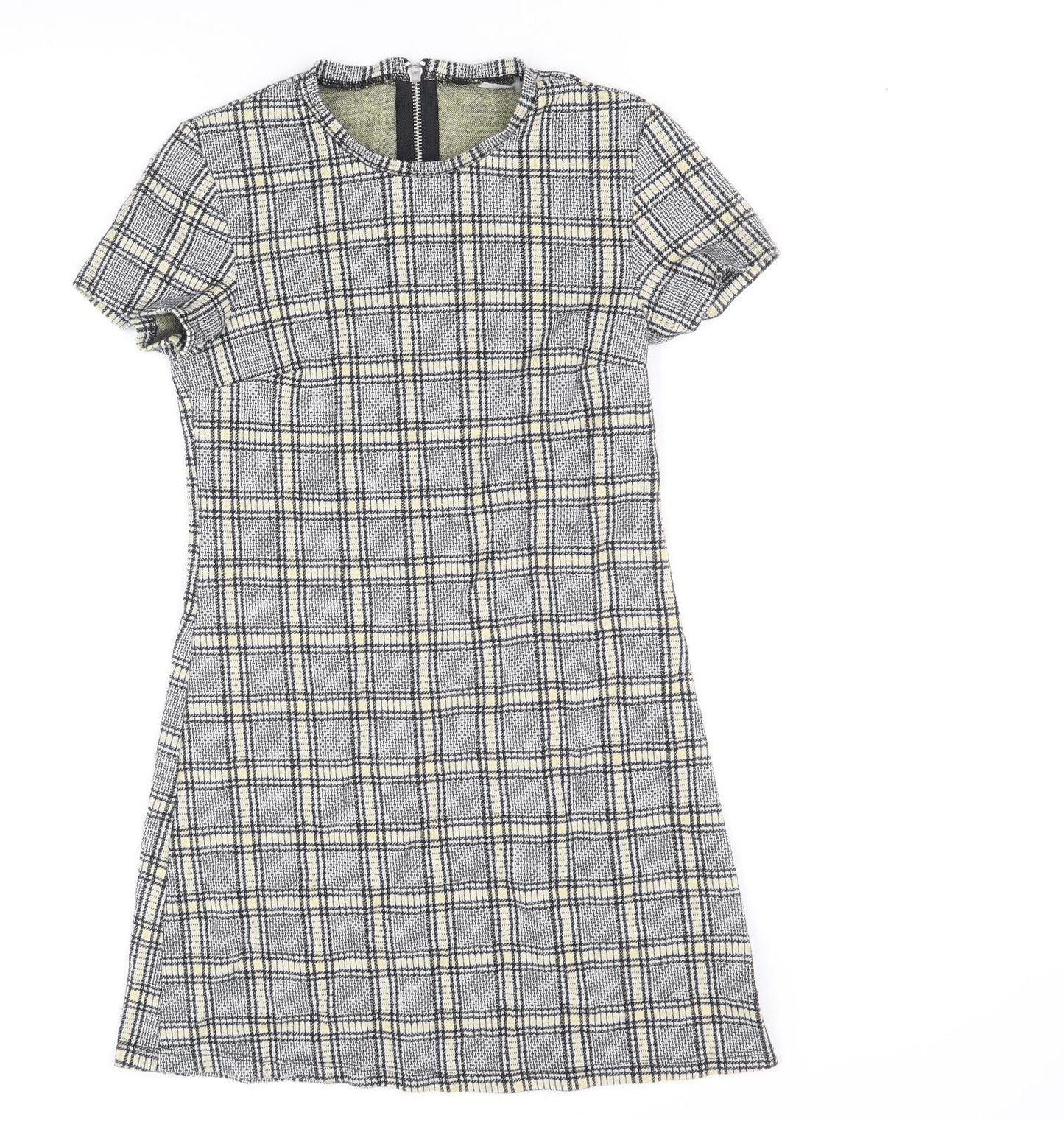 Preworn Womens Black Plaid Cotton A-Line Size 8 Scoop Neck Zip