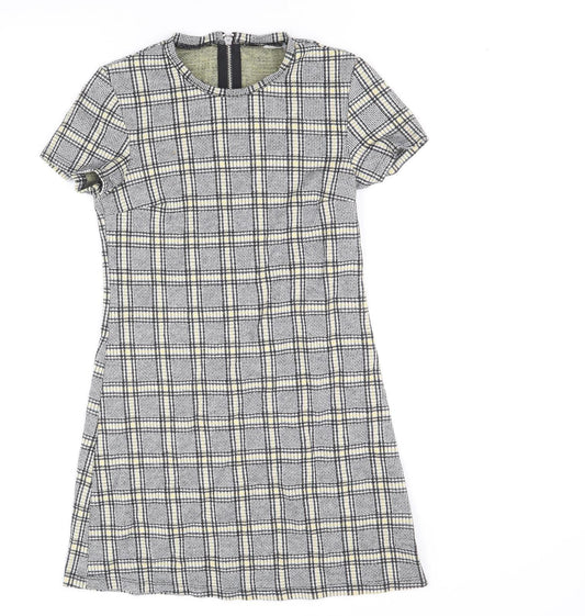 Preworn Womens Black Plaid Cotton A-Line Size 8 Scoop Neck Zip