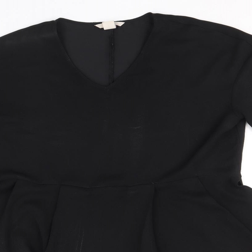 H&M Womens Black Polyester Tunic Blouse Size 14 V-Neck - Hi Lo Hem