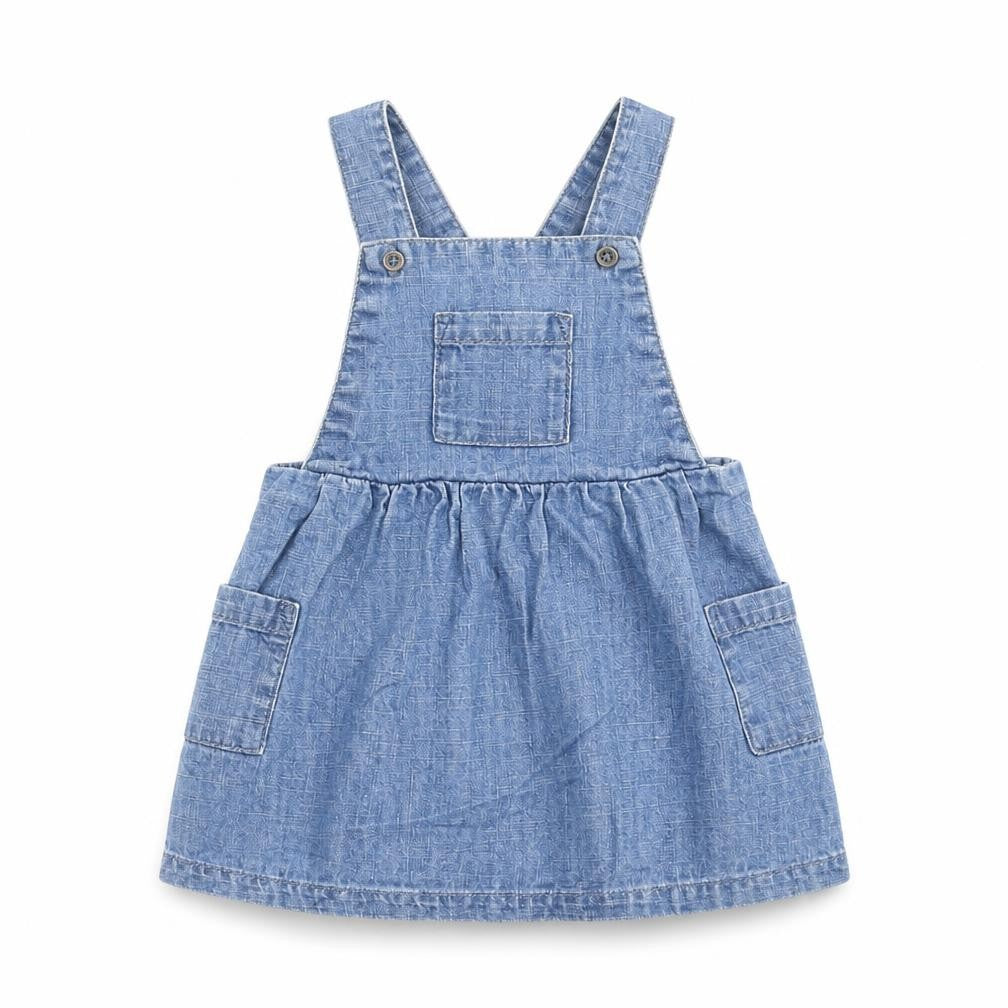 Marks & Spencer Girls Blue Cotton Pinafore/Dungaree Dress Size 3-6 Months Square Neck Button