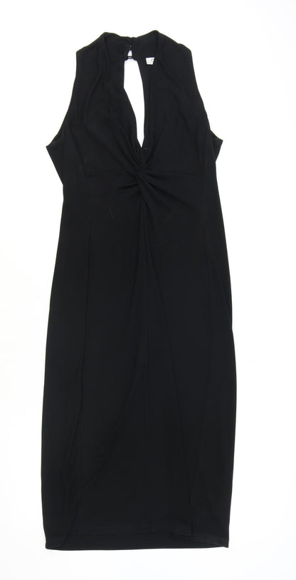 One Womens Black Polyester Bodycon Size 12 V-Neck Button - Knot Front