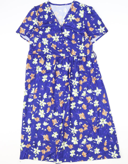 Preworn Womens Blue Floral Polyester A-Line Size S V-Neck Pullover