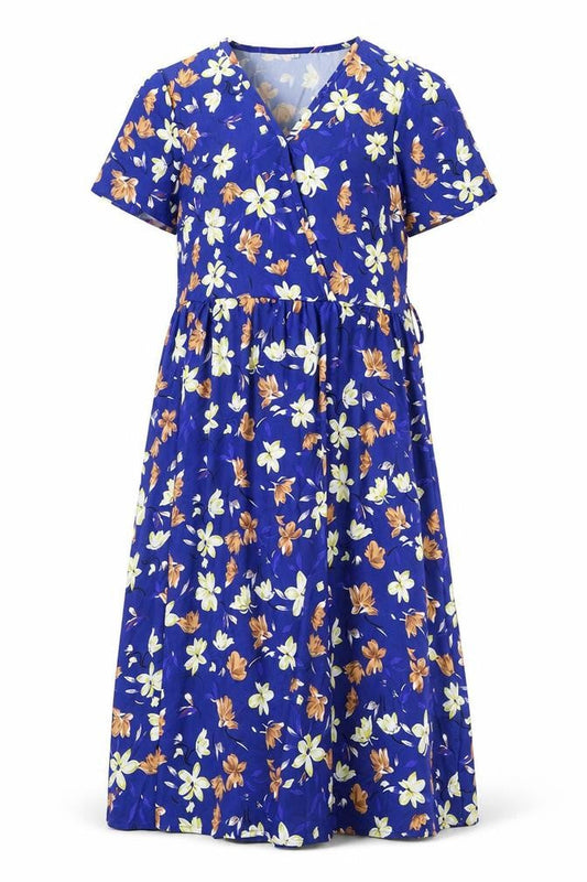 Womens Blue Floral Polyester A-Line Size S V-Neck Pullover