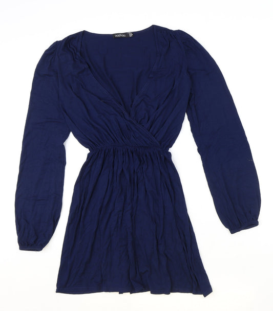 Boohoo Womens Blue Polyester Fit & Flare Size 10 V-Neck Pullover