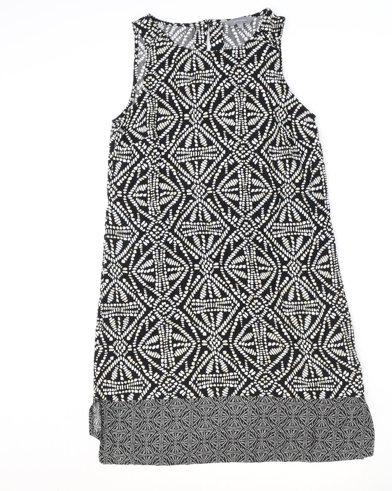 Principles Womens Black Geometric Viscose Tank Dress Size 12 Round Neck Button