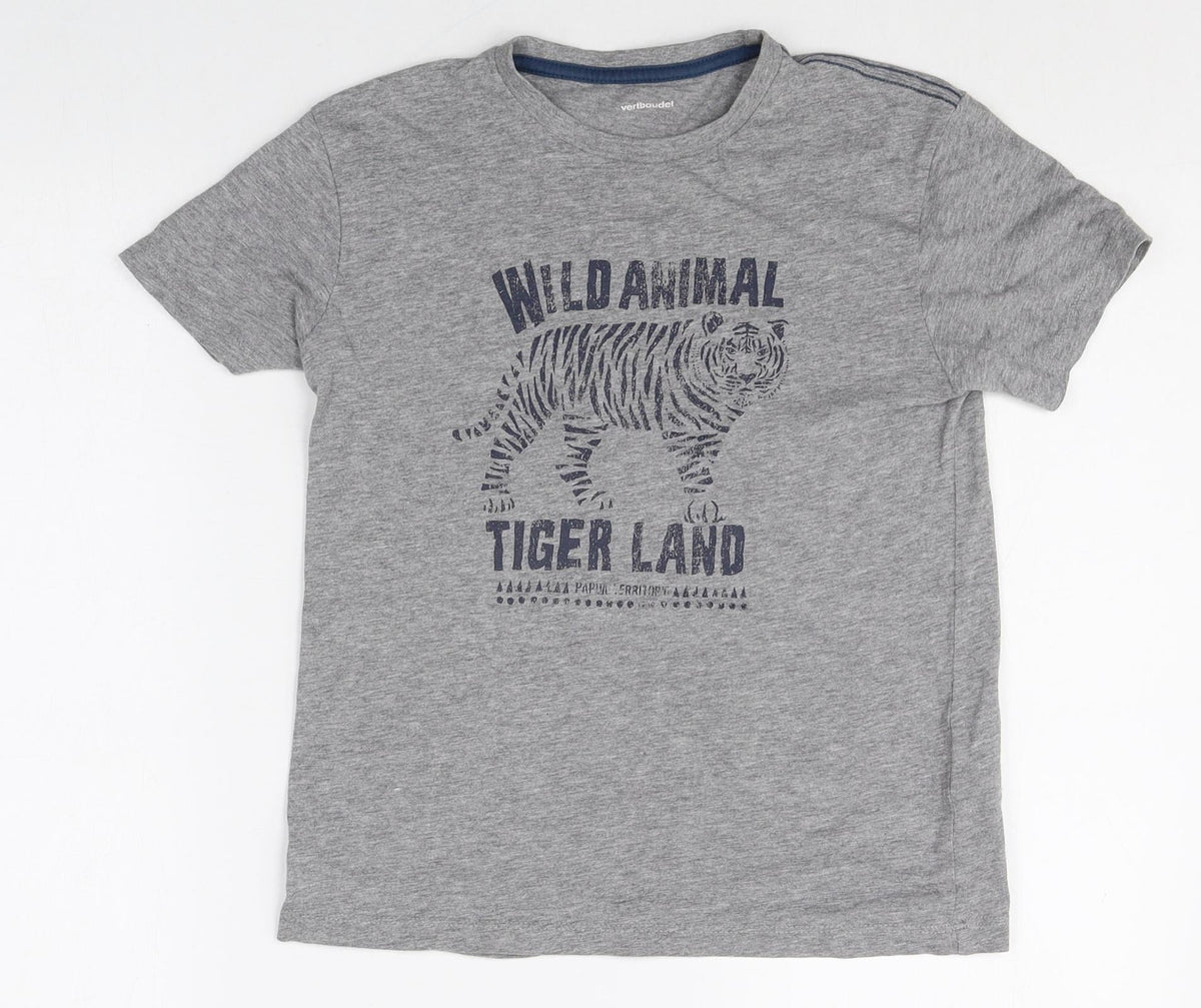 Vertbaudet Boys Grey Cotton Basic T-Shirt Size 10 Years Round Neck Pullover - Tiger