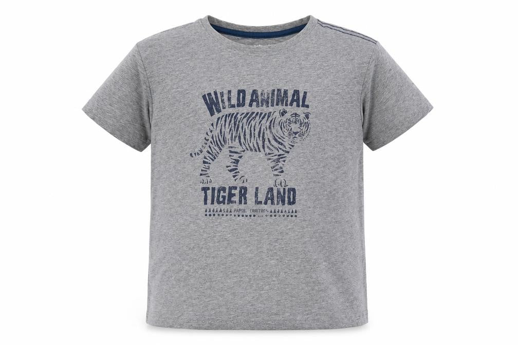 Vertbaudet Boys Grey Cotton Basic T-Shirt Size 10 Years Round Neck Pullover - Tiger
