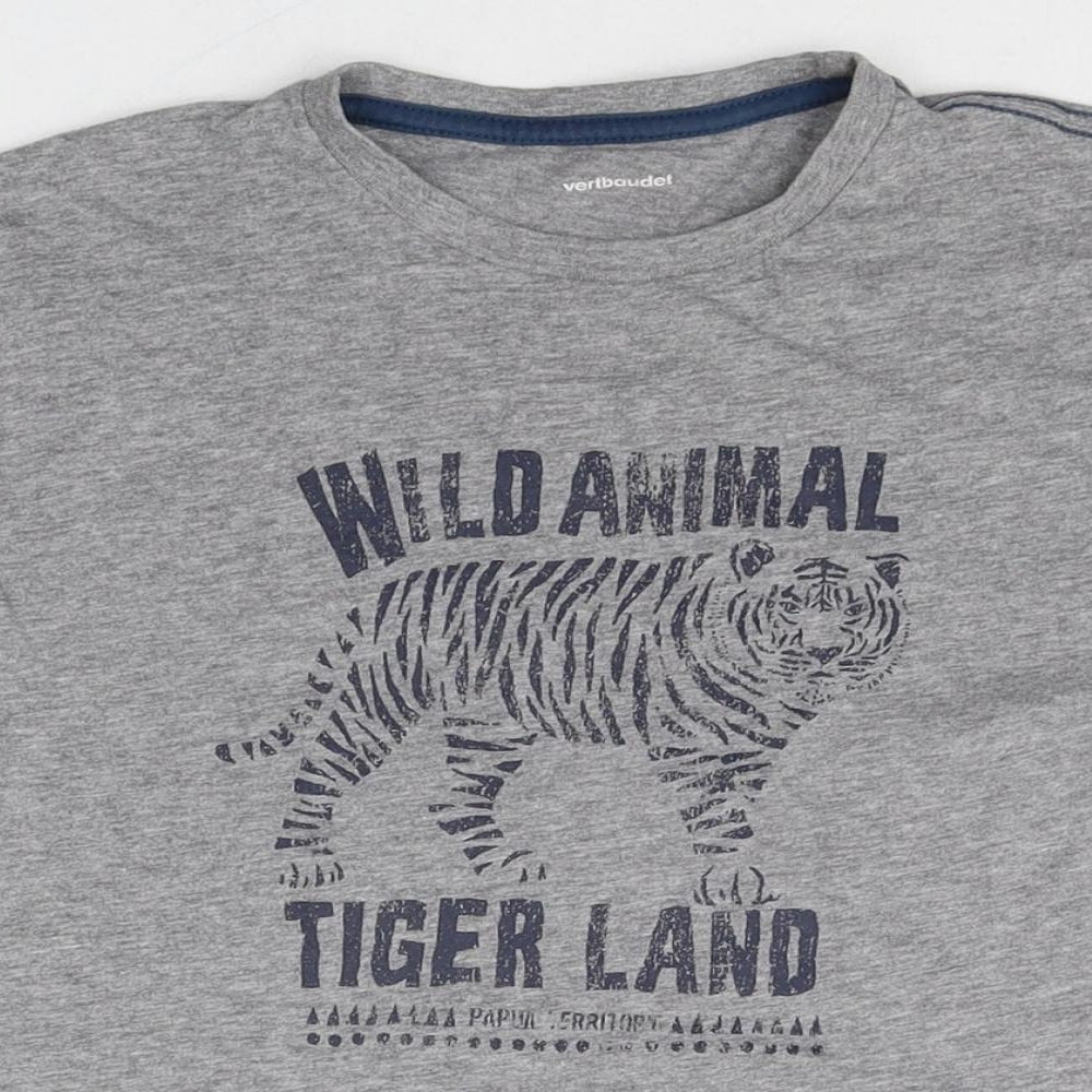 Vertbaudet Boys Grey Cotton Basic T-Shirt Size 10 Years Round Neck Pullover - Tiger