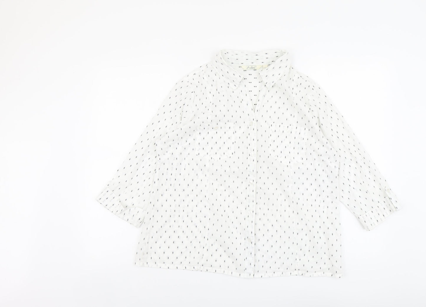 Adini Womens White Geometric Cotton Basic Button-Up Size L Collared