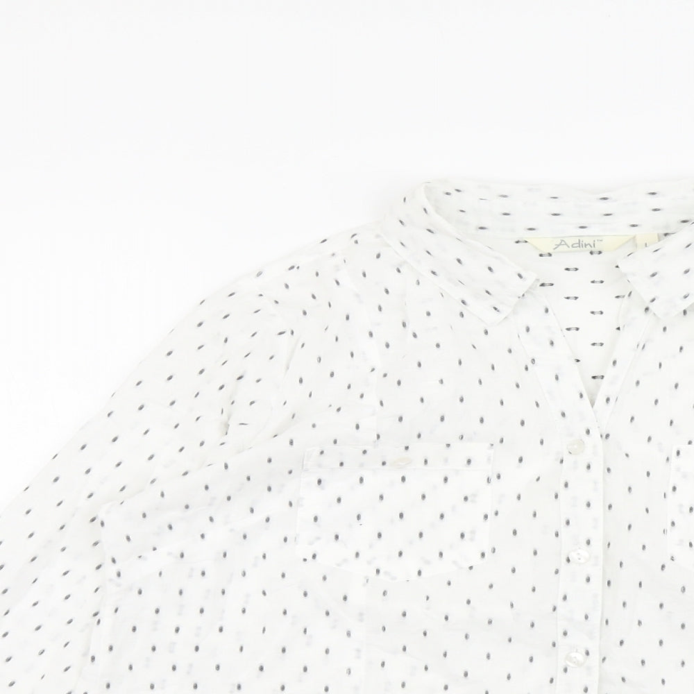 Adini Womens White Geometric Cotton Basic Button-Up Size L Collared
