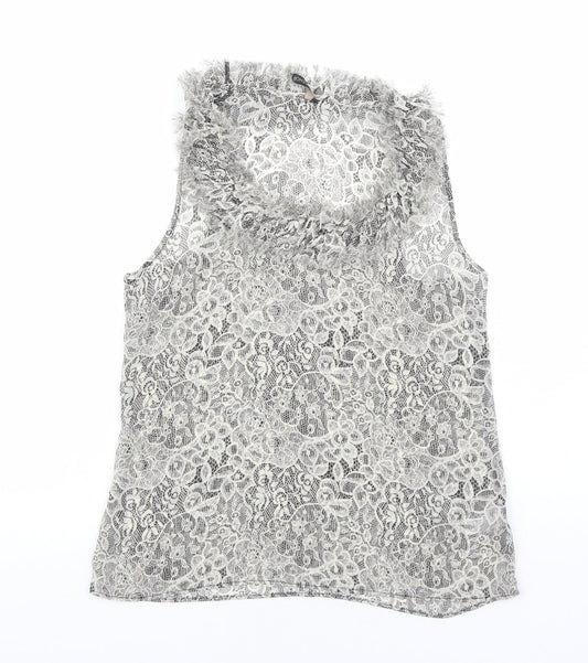 Topshop Womens Black Geometric Polyester Basic Tank Size 10 Round Neck - Lace Effect