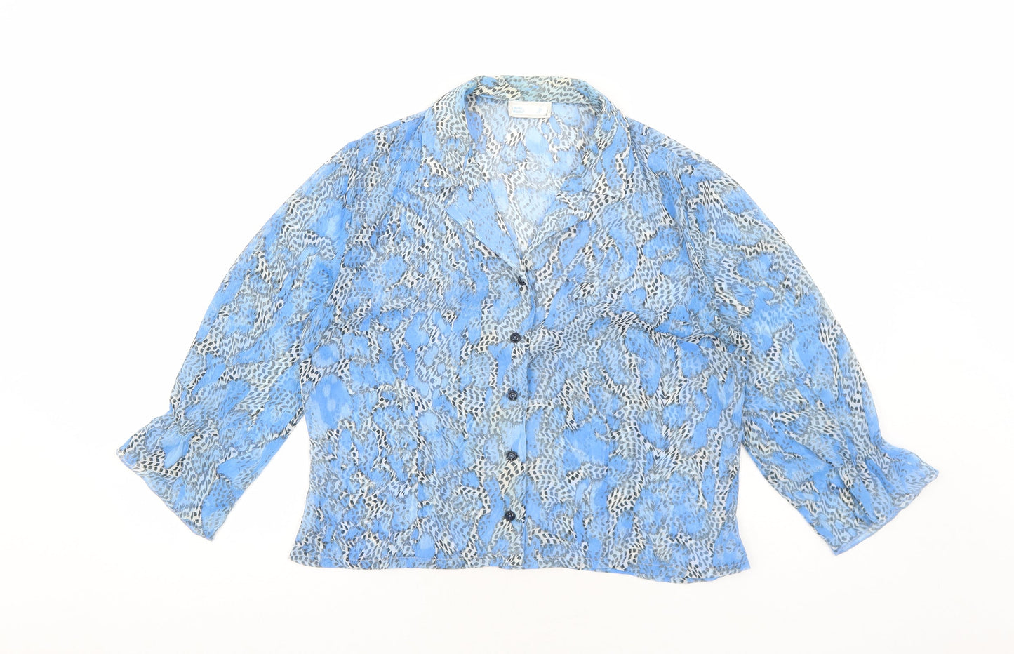 Preworn Womens Blue Geometric Polyester Basic Button-Up Size 10 Collared