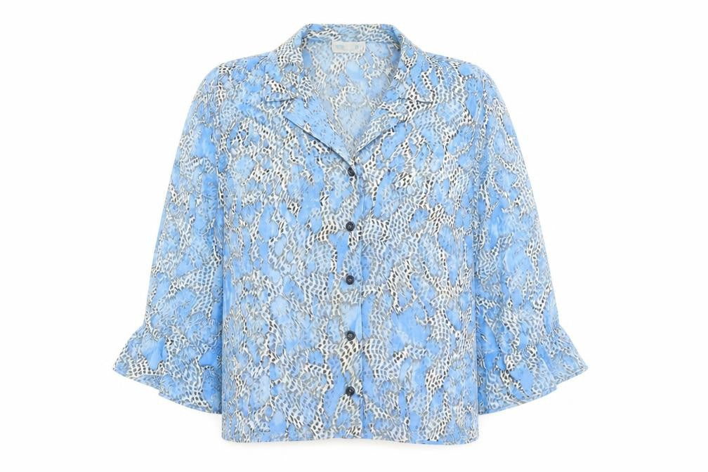 Preworn Womens Blue Geometric Polyester Basic Button-Up Size 10 Collared